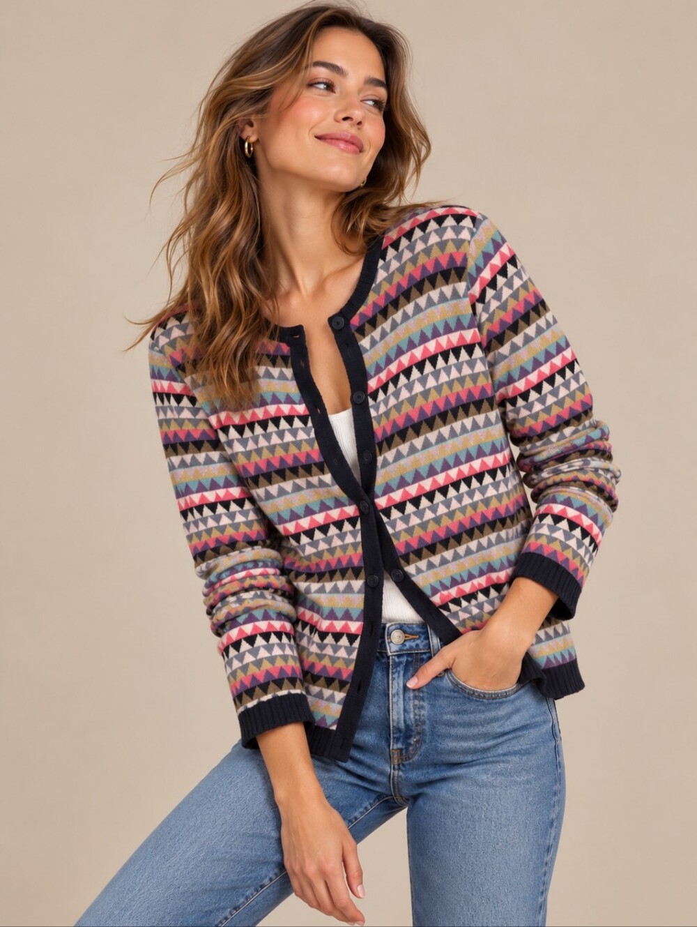 ALDOMARTINS Sweater‎ 6 Cardigan WOOL Blend Multi Aztec Geometric Triangle SPAIN